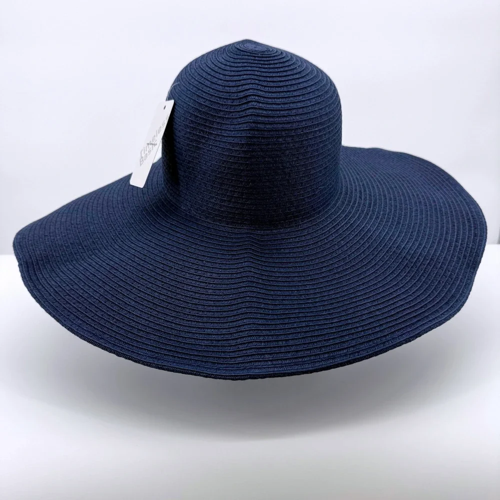 Timeless Basic Sun Hat Women One Size Navy Blue Paper Straw Floppy Wide Brim